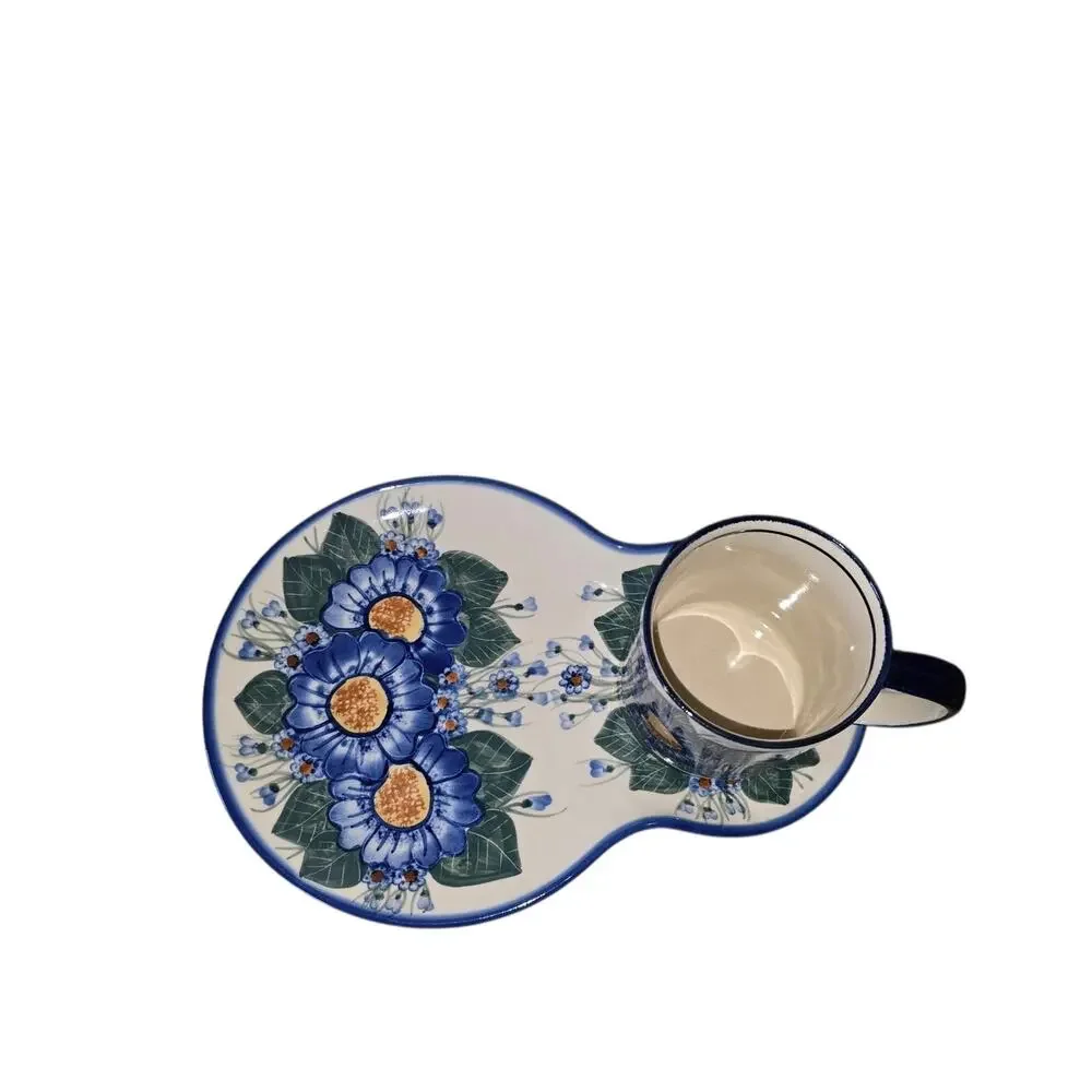 Polish Pottery Unikat Vintage Rare Bountiful Blue Pattern Snack/Mug Set Signed
